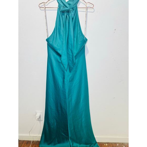 FAVIANA Green Satin Sleeveless Halter Neck Thigh-High Side Slit Gown Dress sz 14 - Picture 3 of 16